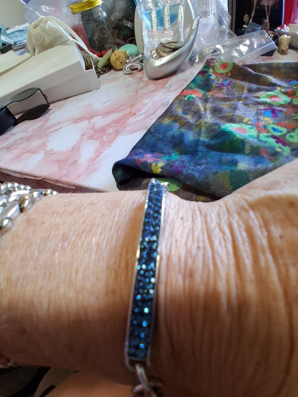 Source Unknown Silver Bracelet with Blue Crystal Inlay